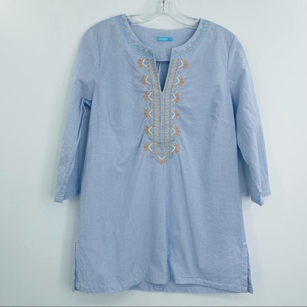 J. McLaughlin floral embroidered v neck‎ grid check micro plaid tunic